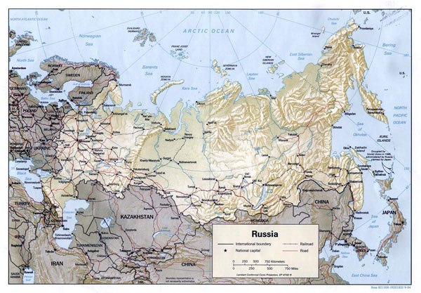 Large political map of Russia with relief, roads, railroads and major cities - 1994.