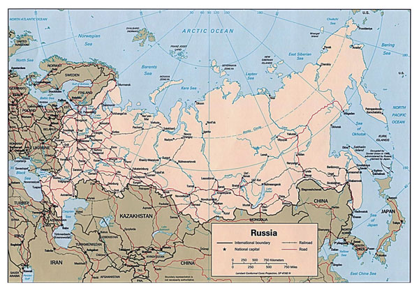 Large political map of Russia with roads, railroads and major cities - 1994.