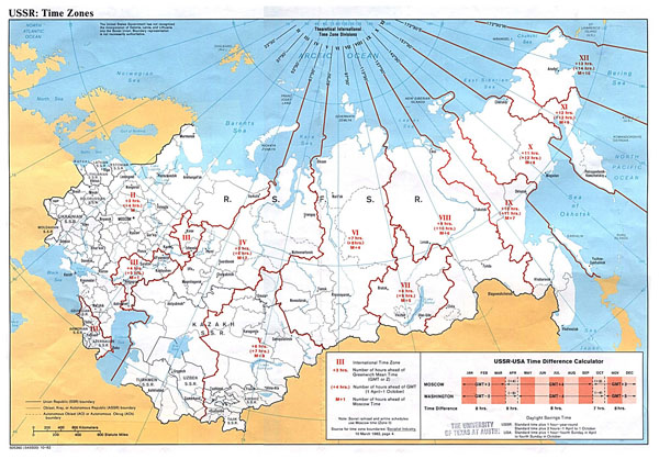 USSR time zones map. Large time zones map of USSR - 1982.