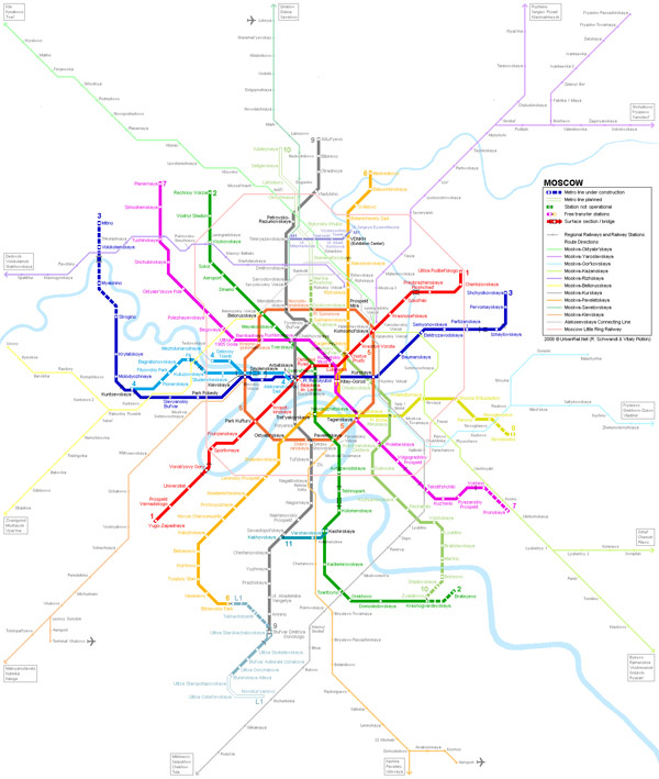 Large detailed metro map of Moscow city (Russia).