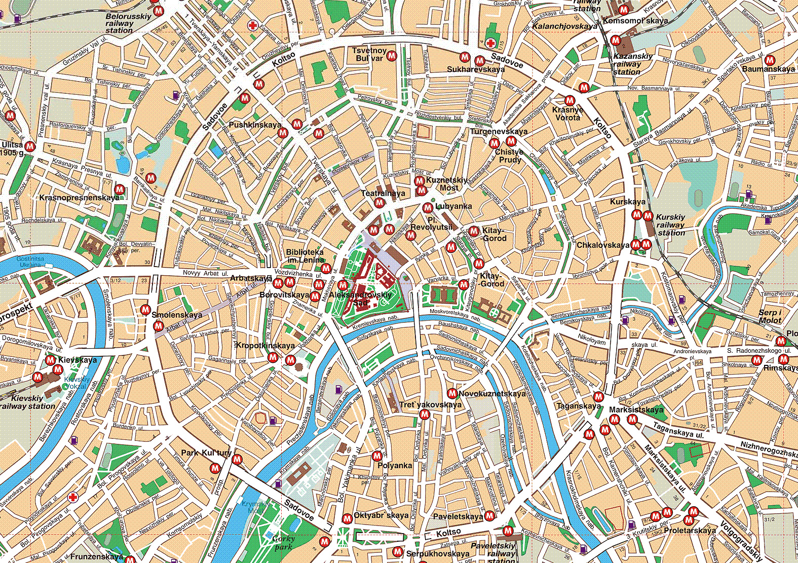 Large detailed road map of Moscow city center. Moscow city center large