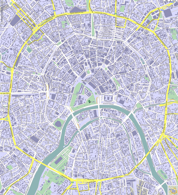 Large detailed road map of Moscow city center with buildings.