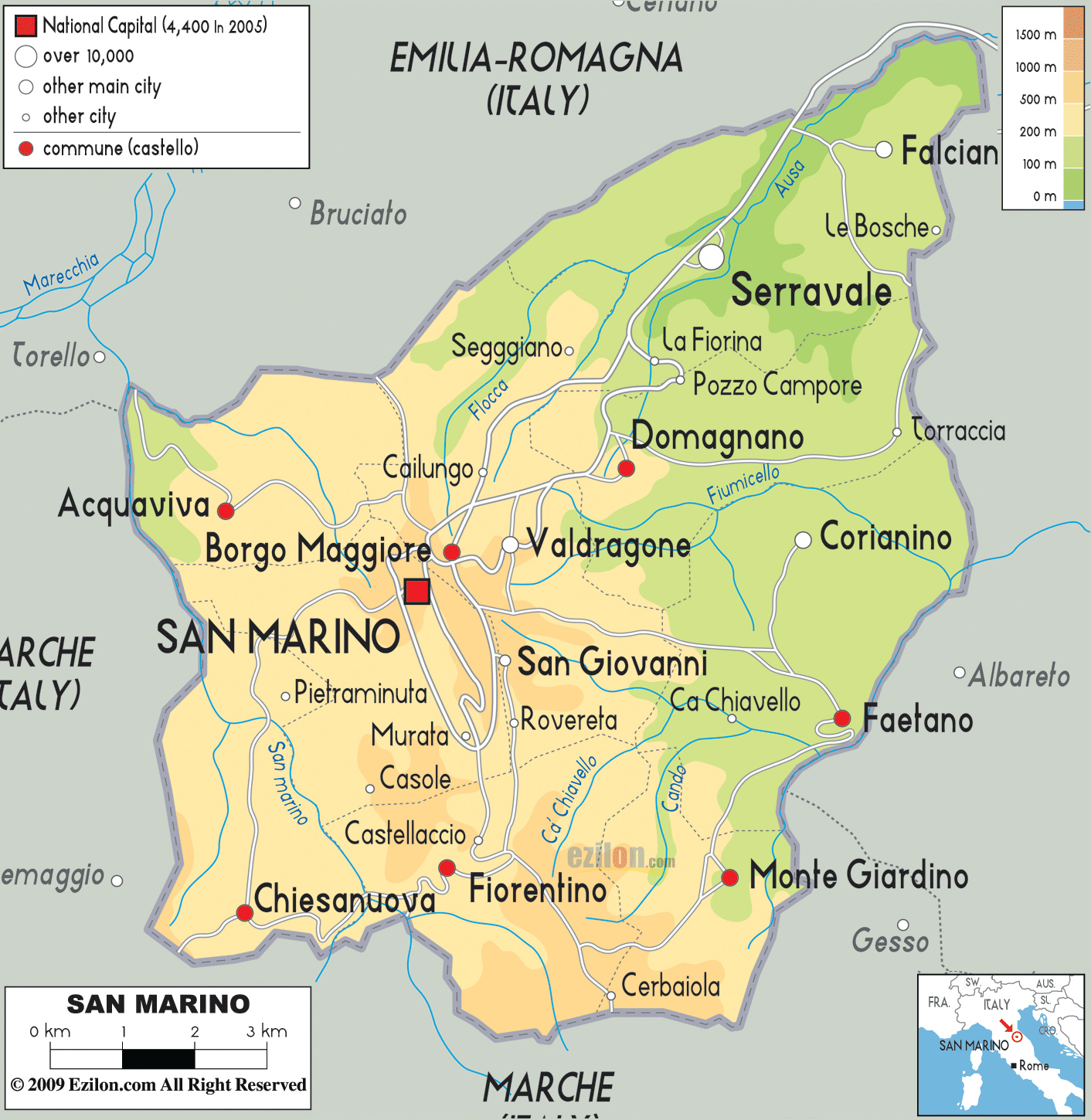Detailed Physical Map Of San Marino With Roads And Cities Vidiani Com Maps Of All Countries In One Place