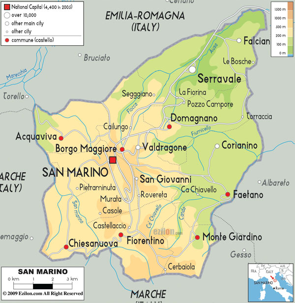 Detailed physical map of San Marino with roads and cities.