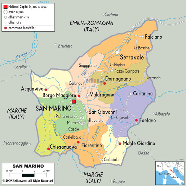 Detailed political and administrative map of San Marino with roads and cities.