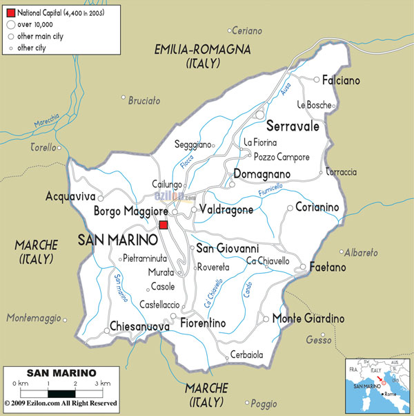 Detailed roads map of San Marino with cities.