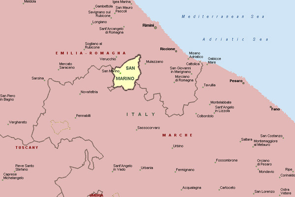 San Marino on a map of Italy.