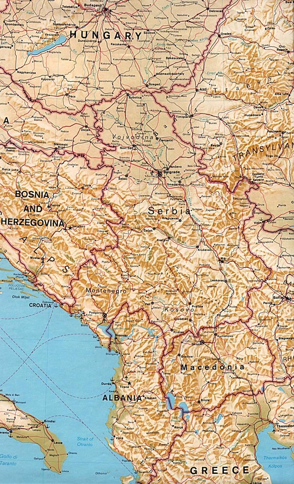 Detailed relief map of Serbia and Macedonia.