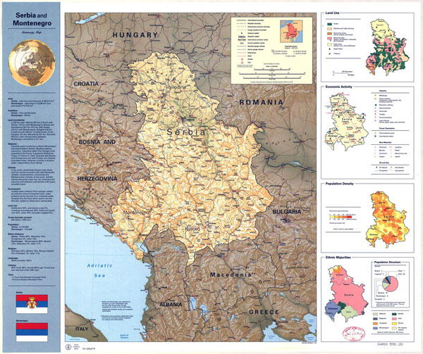 Large detailed country profile map of Serbia and Montenegro with relief.