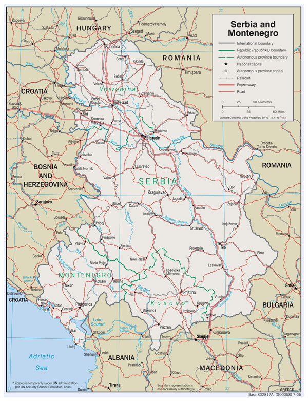 Large detailed political map of Serbia and Montenegro with roads and major cities - 2005.