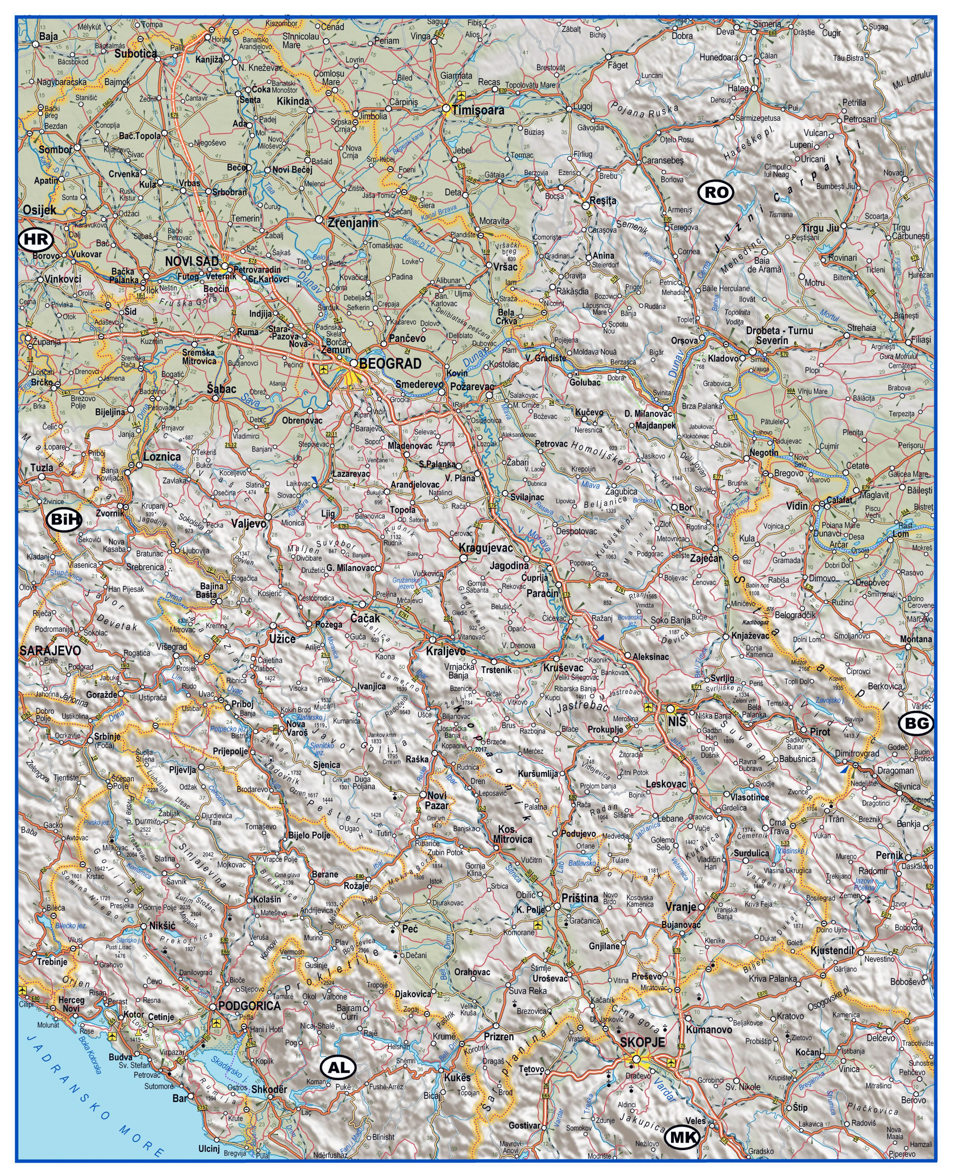 Large Detailed Roads And Highways Map Of Serbia With Relief Vidiani Com Maps Of All Countries In One Place