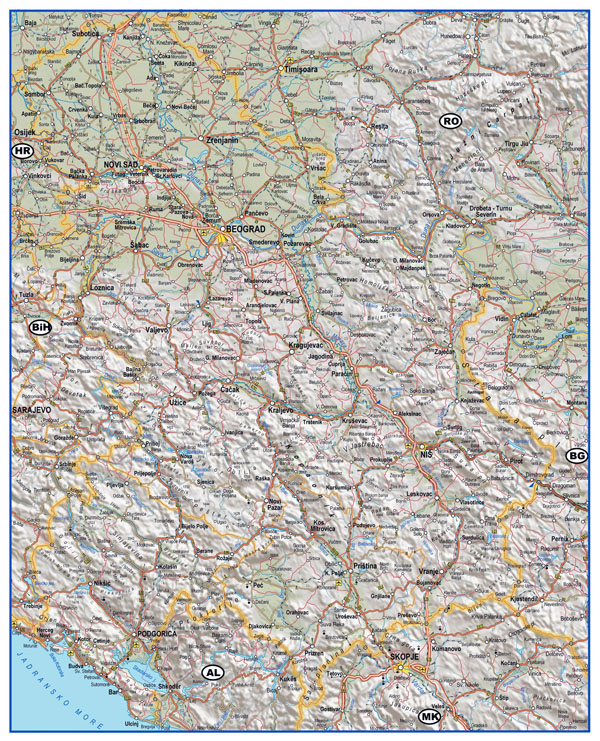 Large detailed roads and highways map of Serbia with relief.