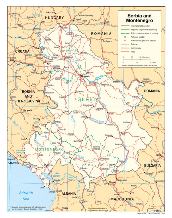 Large political map of Serbia and Montenegro with roads and major cities - 2005.