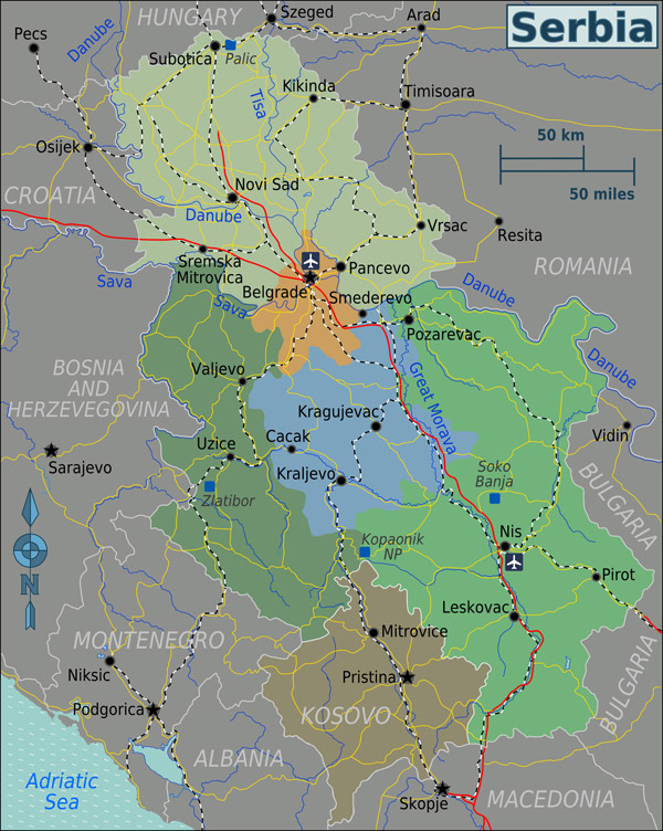 Large regions map of Serbia. Serbia large regions map.