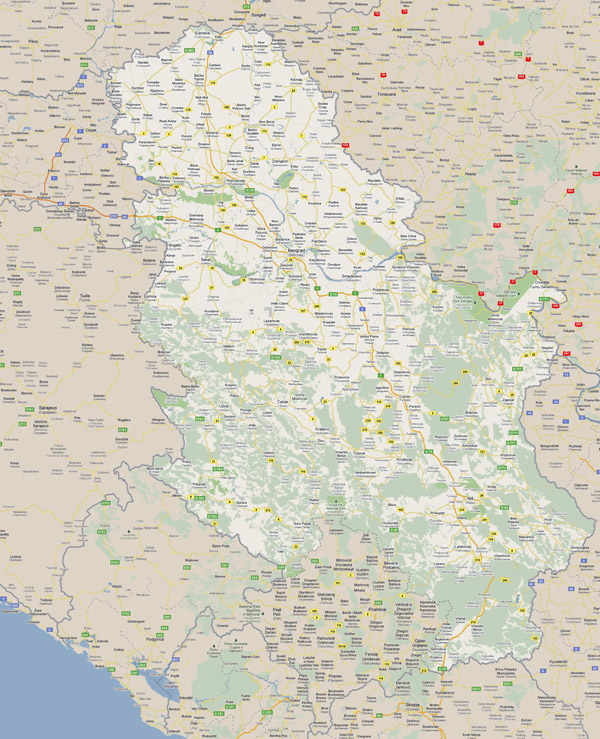 Large road map of Serbia with all cities.