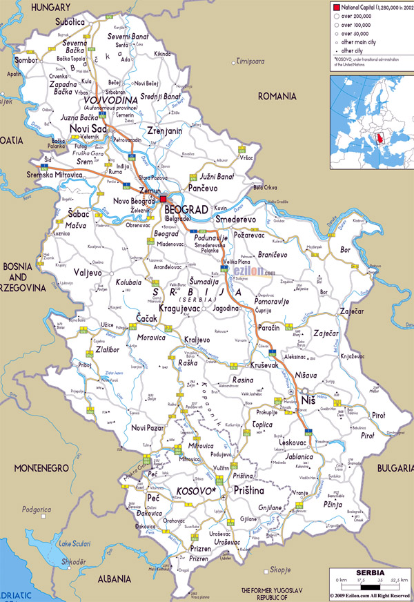 Large road map of Serbia with cities and airports.