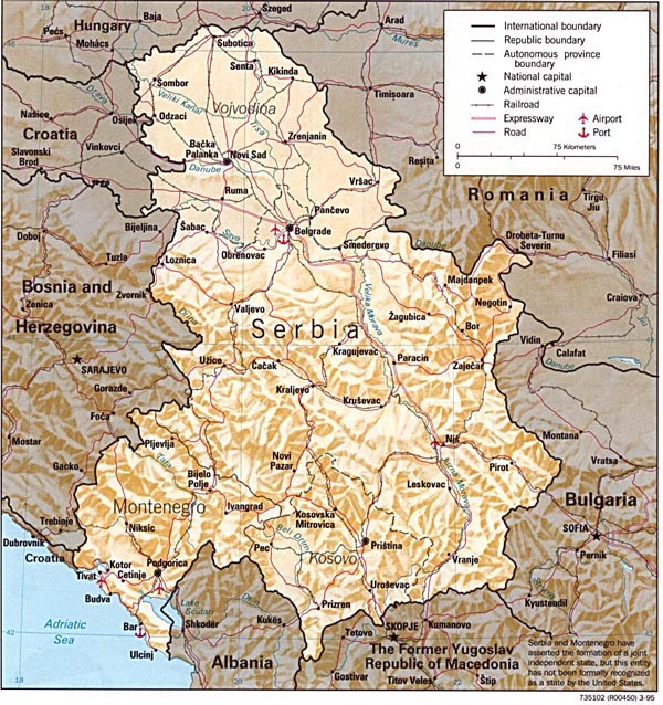 Relief and administrative map of Serbia and Montenegro.