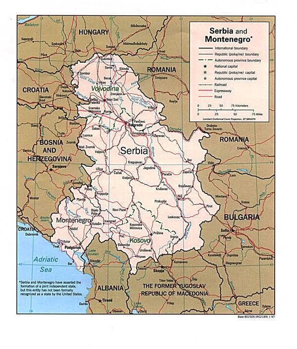 Road map of Serbia and Montenegro. Serbia and Montenegro road map.