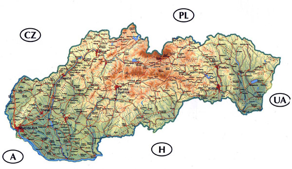 Detailed road and physical map of Slovakia.