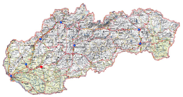 Detailed roads map of Slovakia with relief.