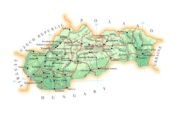Elevation map of Slovakia with roads and cities.