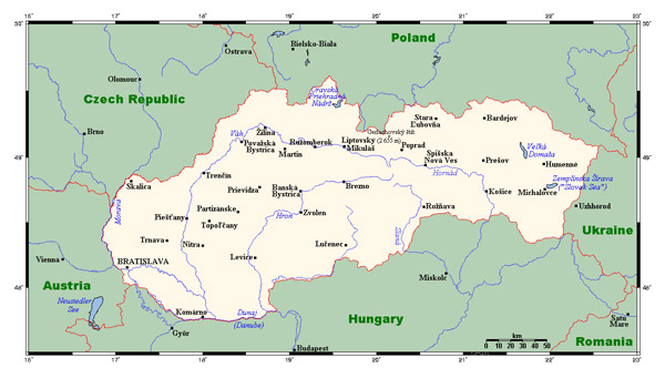 Map of Slovakia with cities and neighboring countries.