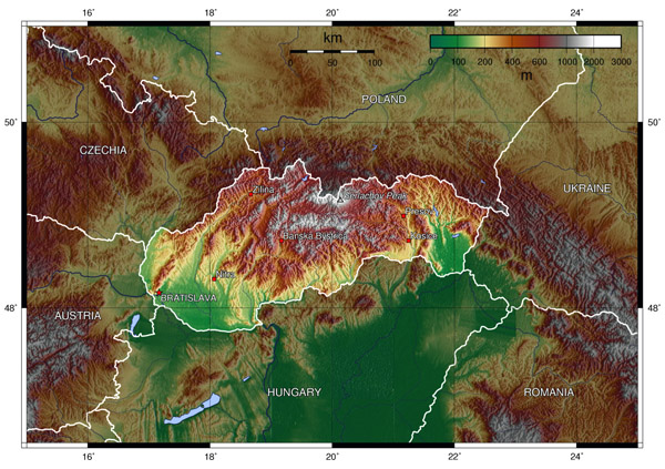 Physical map of Slovakia and border countries.