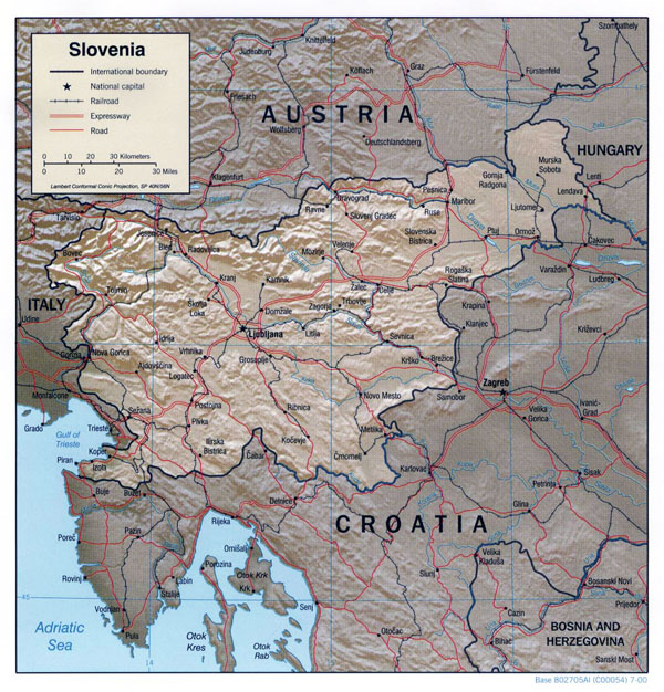 Detailed political map of Slovenia with relief, roads and cities.