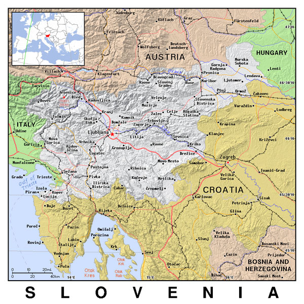 Full political map of Slovenia with relief.