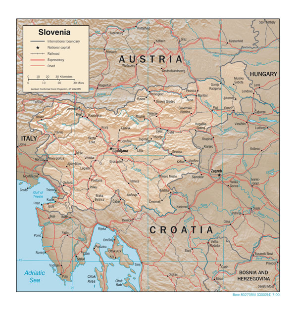 Large detailed physiography map of Slovenia with roads and cities.