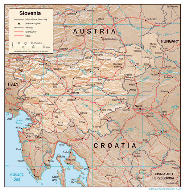 Large detailed political map of Slovenia with relief, roads and cities.