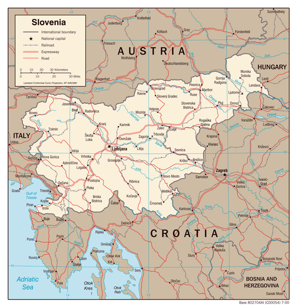 Large detailed political map of Slovenia with roads and cities.