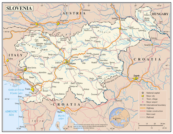 Large detailed political map of Slovenia with roads, cities and airports.