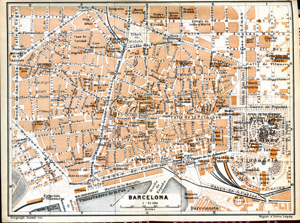 Detailed old map of Barcelona center. Central part of Barcelona detailed old map.