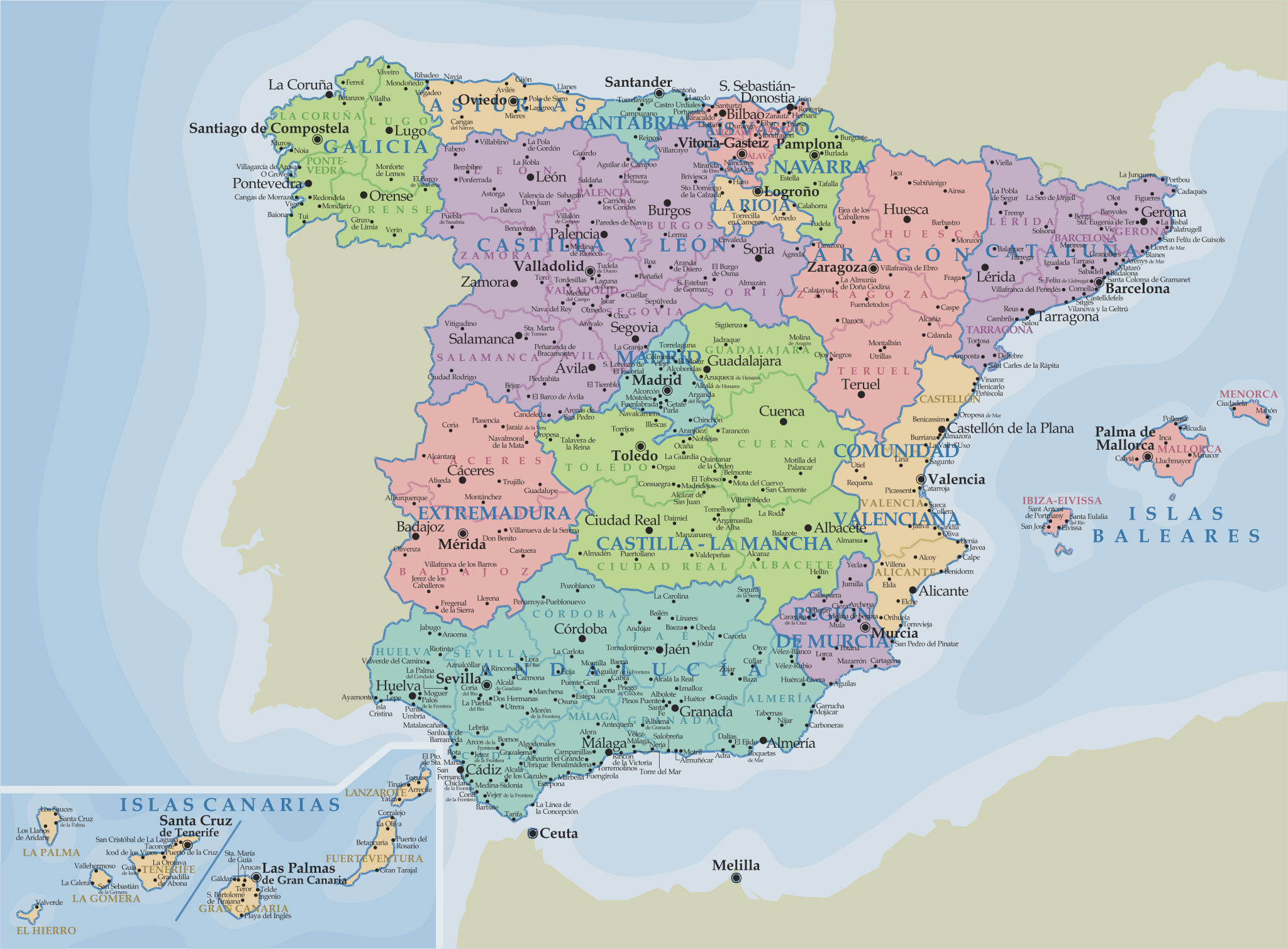 Detailed administrative map of Spain with major cities | Vidiani.com