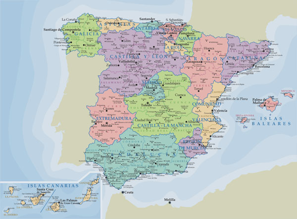 Detailed administrative map of Spain with major cities.