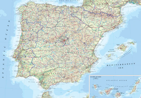 Detailed physical map of Spain. Spain detailed physical map.