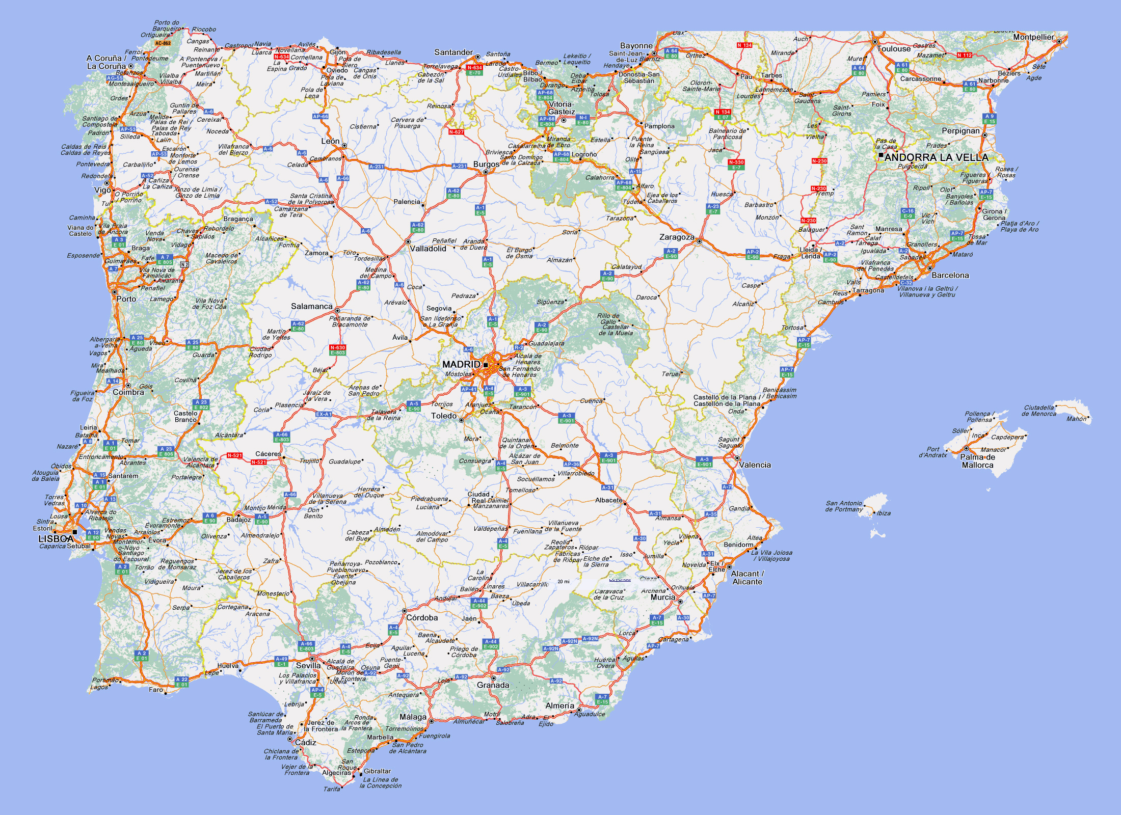 Large detailed highways map of Spain and Portugal with cities