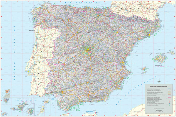 Large detailed map of Spain with all cities, villages, roads, highways and airports.