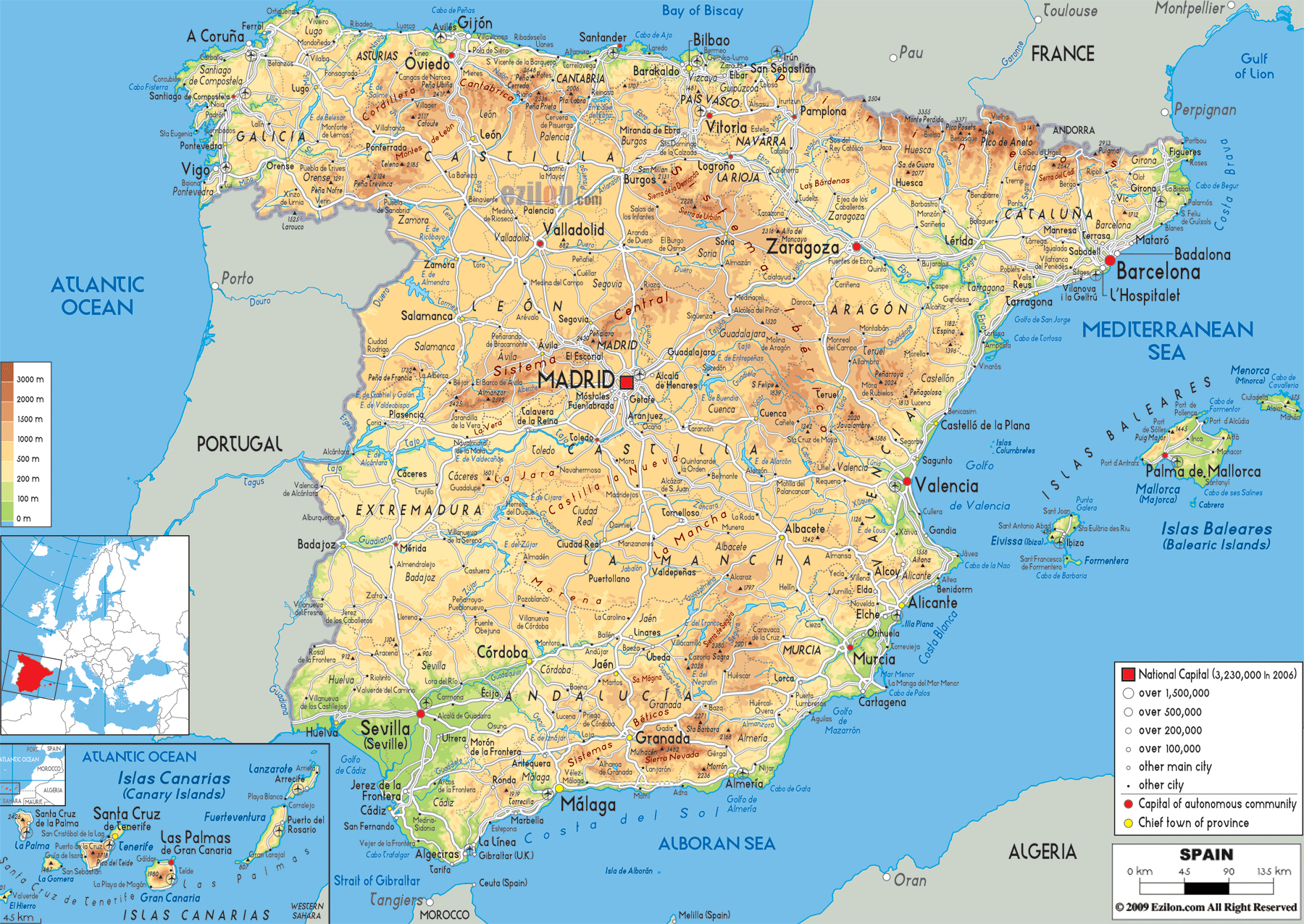 Large Detailed Physical Map Of Spain With All Roads Cities And