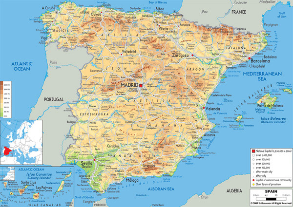 arge detailed physical map of Spain with all roads, cities and airports.