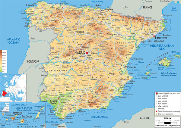 Large detailed physical map of Spain with all roads, cities and