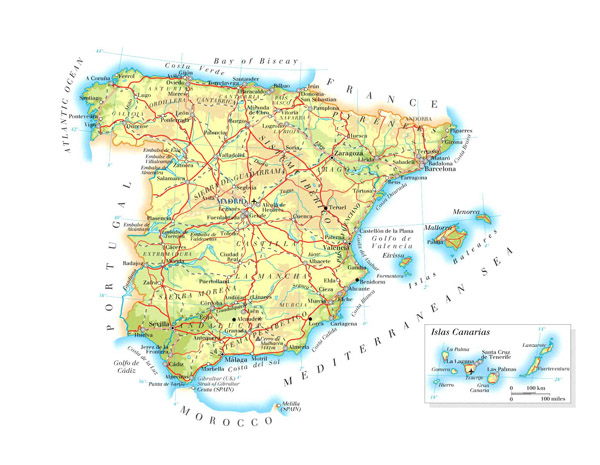 Large detailed physical map of Spain with roads, cities and airports.