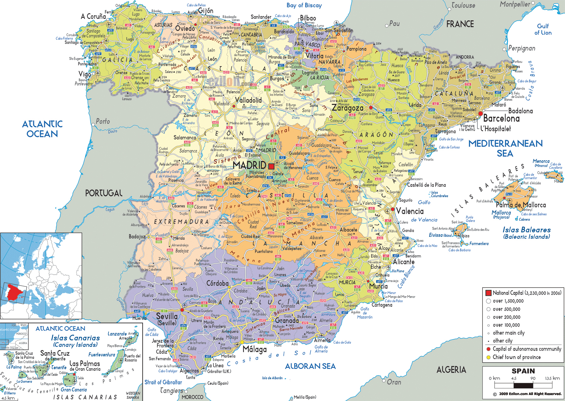 Large detailed political and administrative map of Spain with all roads