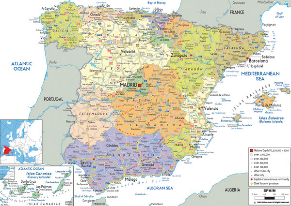 Large detailed political and administrative map of Spain with all roads, cities and airports.