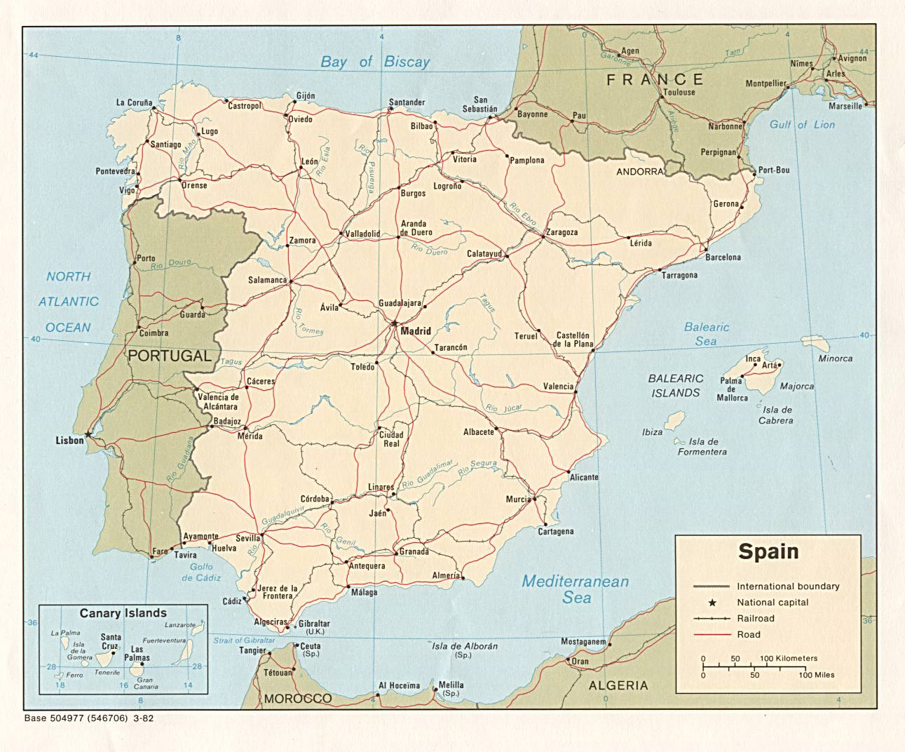 Large detailed political map of Spain with highways, railroads and