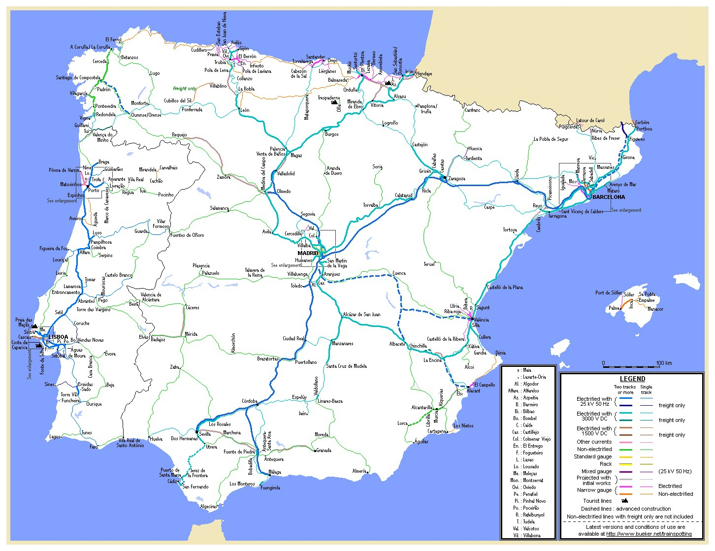 Large detailed highways map of Spain and Portugal with cities