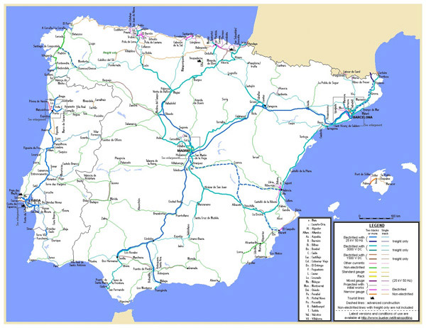 Large detailed railroads map of Spain and Portugal.