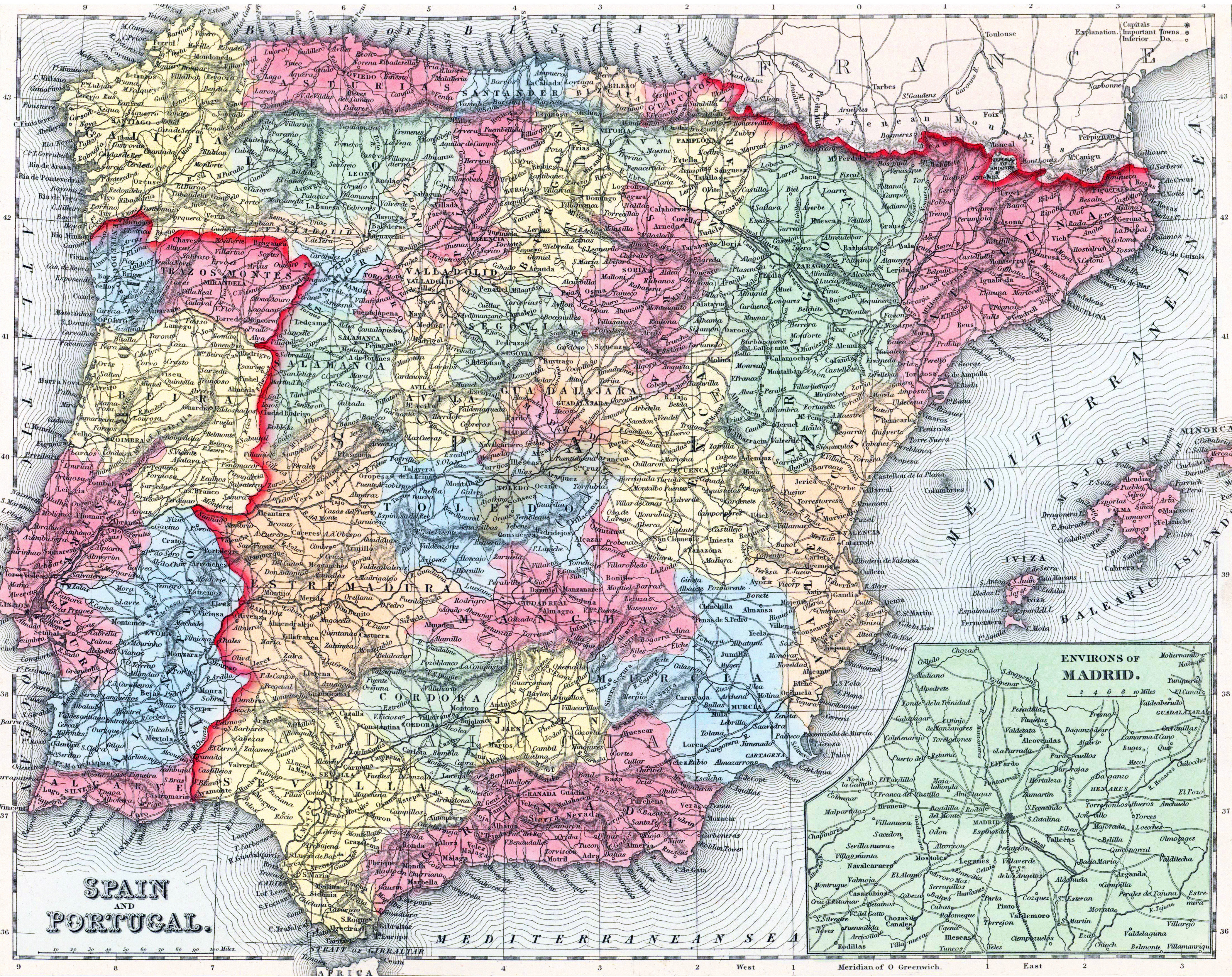 Large detailed relief, administrative and political old map of Spain