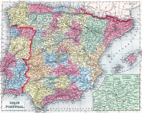 Large detailed relief, administrative and political old map of Spain and Portugal with all cities and roads 1857.